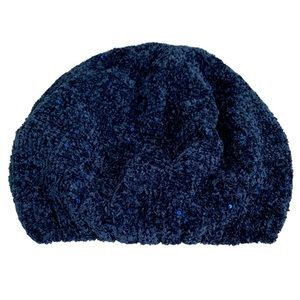 Knit Beanie Cap with Sequin Accents Navy Blue